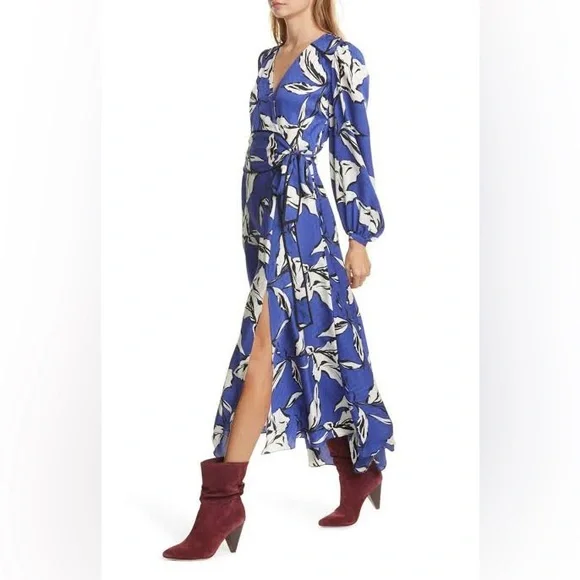Veronica Beard Mclean Floral Silk Long Sleeve Maxi Dress with Slit Size 2 💙🖤🤍 - Picture 5 of 16